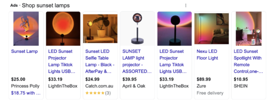Picture of sunset lamps Australia ads on Google, available in different sizes and varieties.