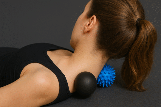 Woman lying on the ground with a massage ball on each side of her neck to relieve tension