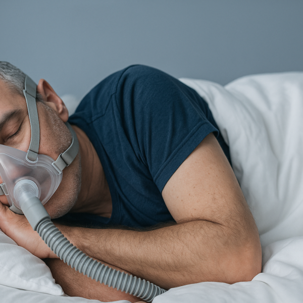Picture of a man wearing a sleep apnea mask
