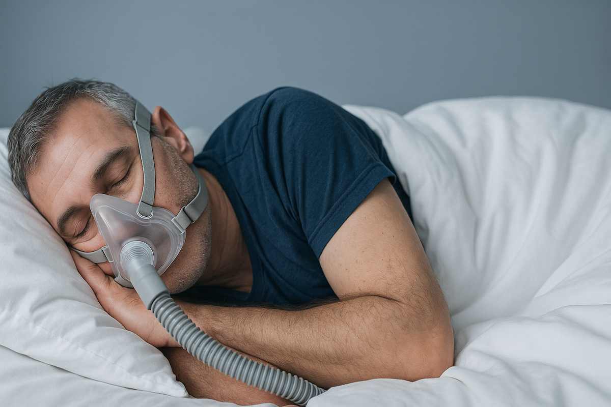 Picture of a man wearing a sleep apnea mask